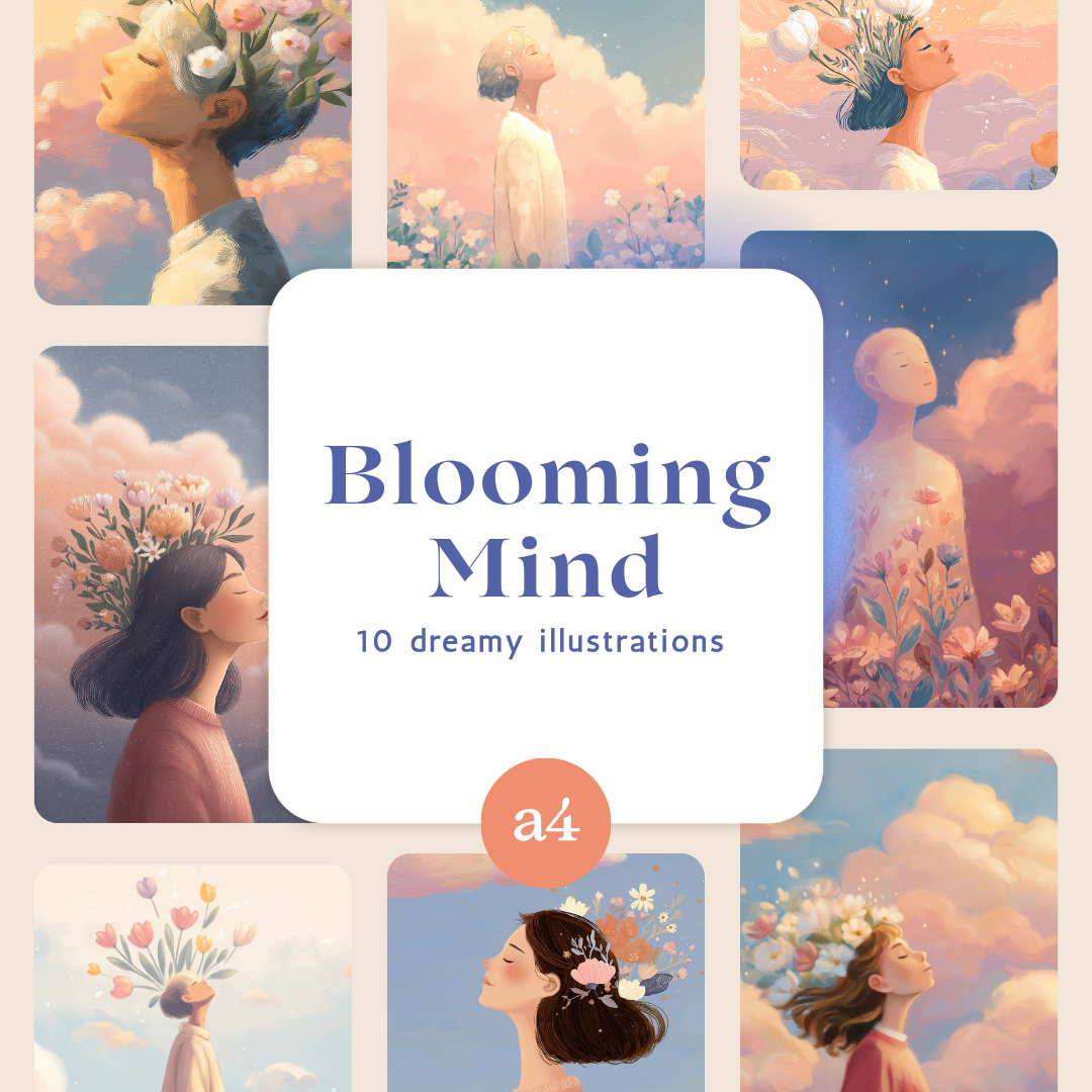 Blooming Mind printable art pack by RubiBloom, 10 dreamy A4 illustrations in soft pastel tones, floral portraits symbolizing calm and creativity, 300 DPI instant digital download.