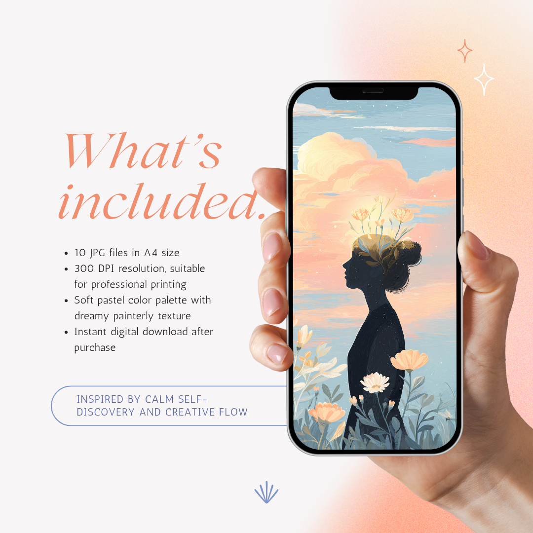 Blooming Mind printable illustration set preview on smartphone, 10 A4 JPG files in 300 DPI, soft painterly pastel colors, perfect for posters and creative projects, digital product by RubiBloom.
