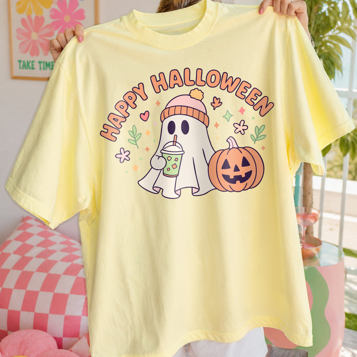 Happy Halloween, Cute Ghost Drinking Coffee PNG SVG Design