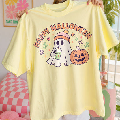 Happy Halloween, Cute Ghost Drinking Coffee PNG SVG Design