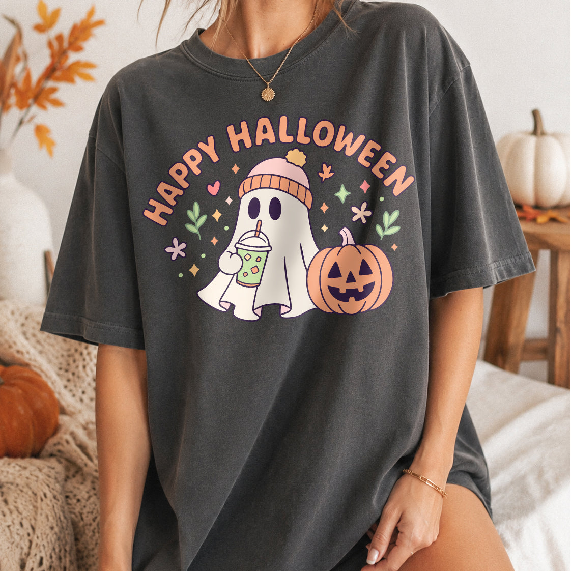 Happy Halloween, Cute Ghost Drinking Coffee PNG SVG Design
