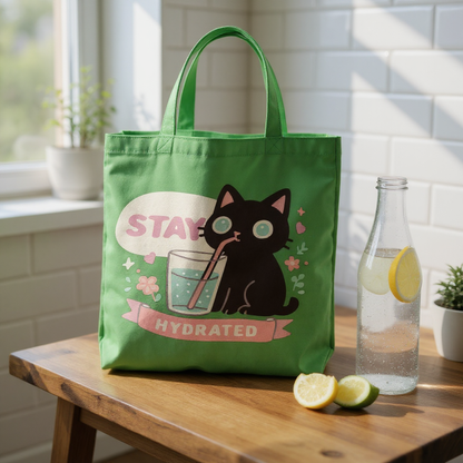 Printable PNG cute black cat Stay Hydrated design on eco tote bag, kawaii instant download file for Cricut, sublimation, and crafts.