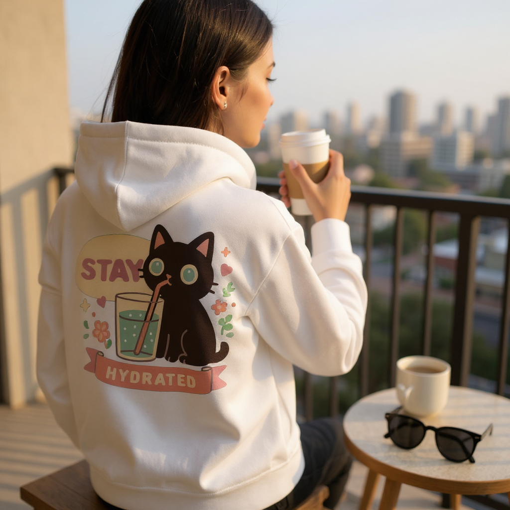 Stay Hydrated kawaii black cat printable PNG design on hoodie, digital download art for cozy autumn fashion and DIY projects.