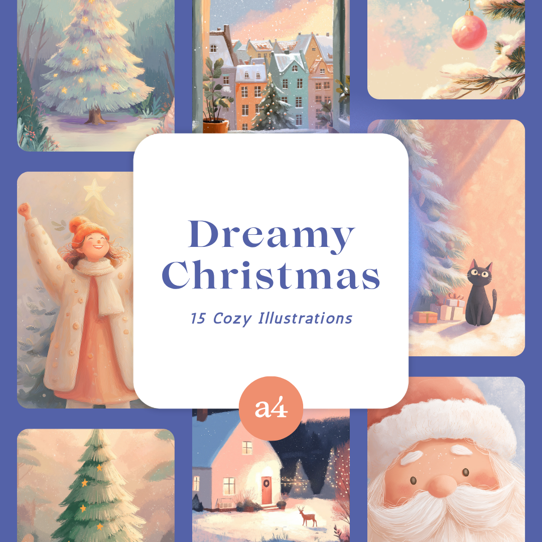 Dreamy Christmas printable art pack by RubiBloom, 15 cozy A4 illustrations with Santa, cats, and winter trees, dreamy pastel Christmas wall art, 300 DPI digital download.