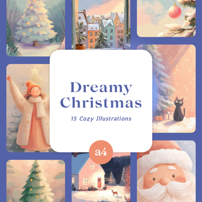 Dreamy Christmas printable art pack by RubiBloom, 15 cozy A4 illustrations with Santa, cats, and winter trees, dreamy pastel Christmas wall art, 300 DPI digital download.