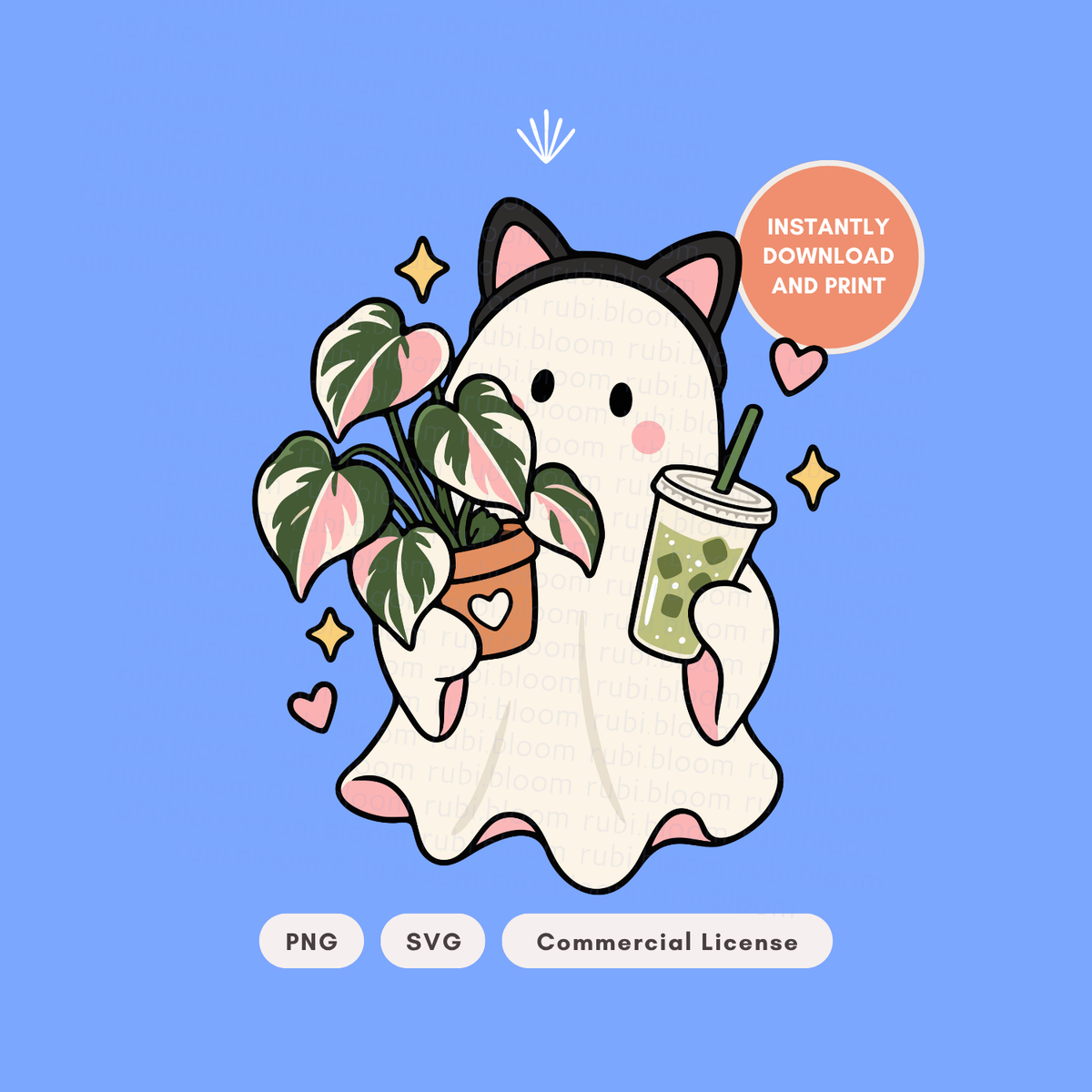 Kitty Ghost with Iced Matcha & Philodendron PNG SVG