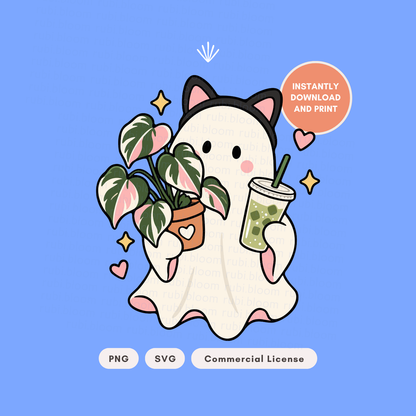 Kitty Ghost with Iced Matcha & Philodendron PNG SVG
