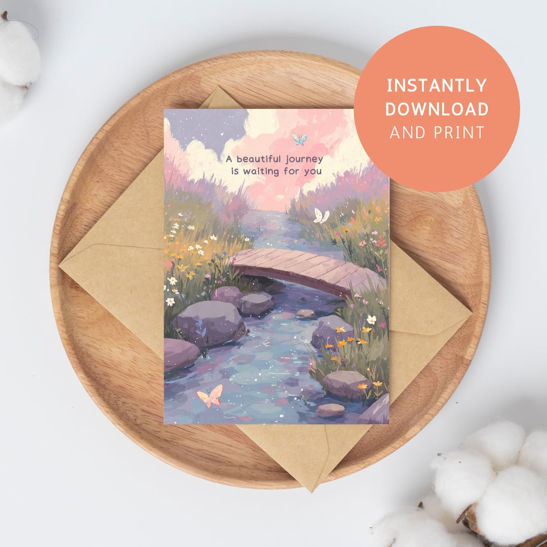 Printable postcard with dreamy nature illustration – cozy pastel aesthetic art card with quote “A beautiful journey is waiting for you”, instant download for journaling, scrapbooking, and mindful gifts.