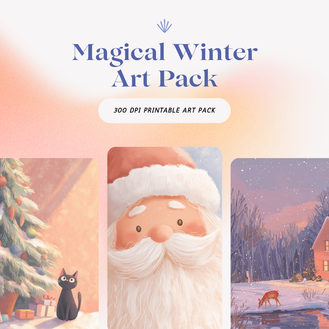 Magical Winter Art Pack by RubiBloom, dreamy Christmas printable posters in soft pastel tones, Santa Claus and snowy forest scenes, high-resolution 300 DPI A4 prints.