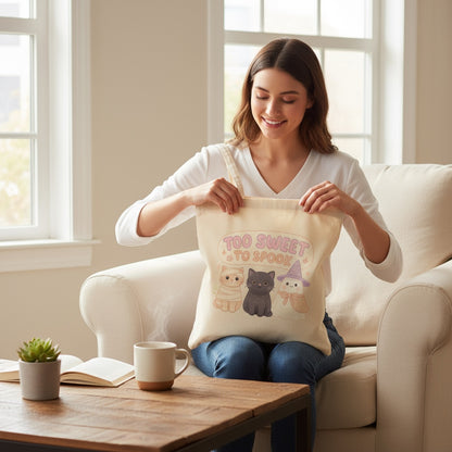 Tote bag mockup with Too Sweet to Spook PNG – cute pastel Halloween cats and ghost printable illustration for cozy spooky season.