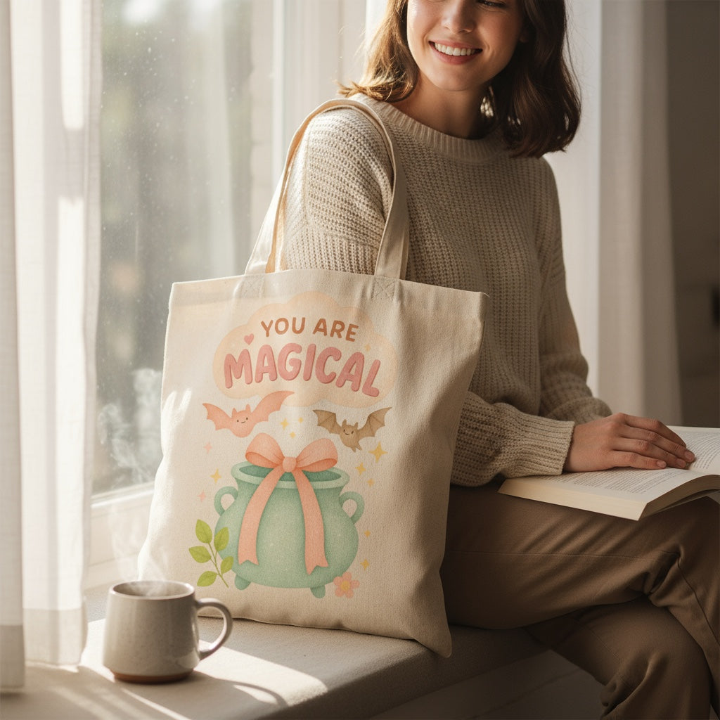 Tote bag mockup with “You Are Magical” PNG design – cute Halloween printable illustration for apparel, accessories, and DIY gifts.