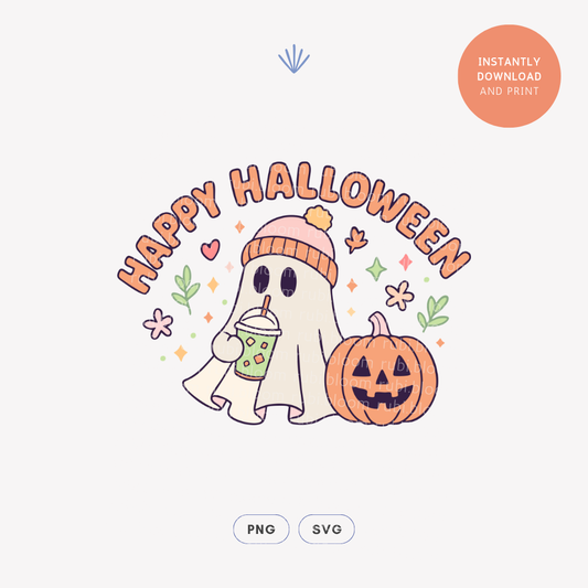 Happy Halloween, Cute Ghost Drinking Coffee PNG SVG Design