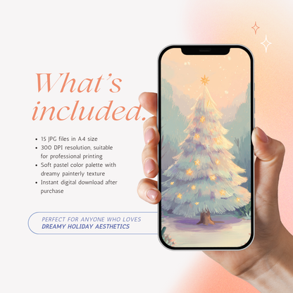 Printable Christmas art pack preview on smartphone, glowing Christmas tree illustration, includes 15 A4 JPG files, 300 DPI resolution, dreamy pastel winter decor by RubiBloom.