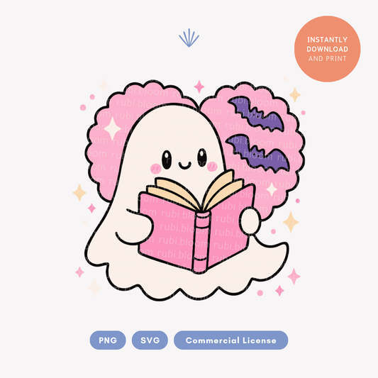Cute Ghost Reading Book PNG SVG