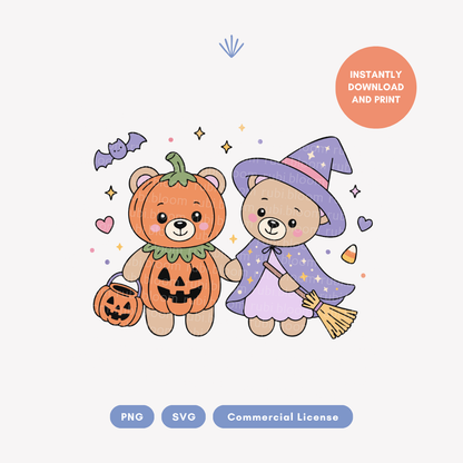 Halloween Pumpkin and Witch Teddy Bear PNG SVG
