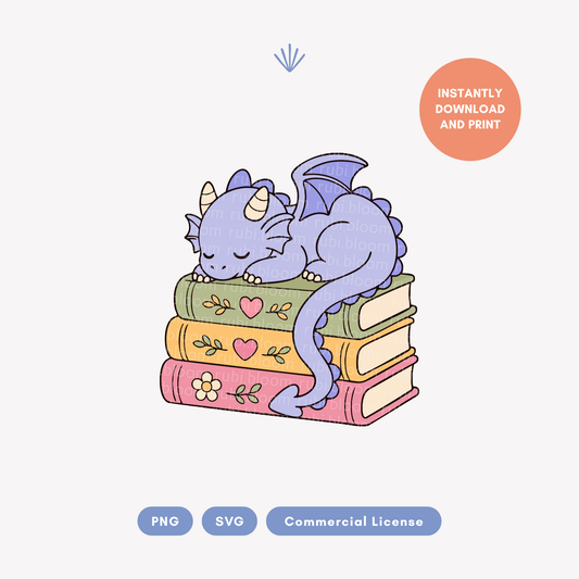 Cute Sleepy Dragon on Books SVG PNG