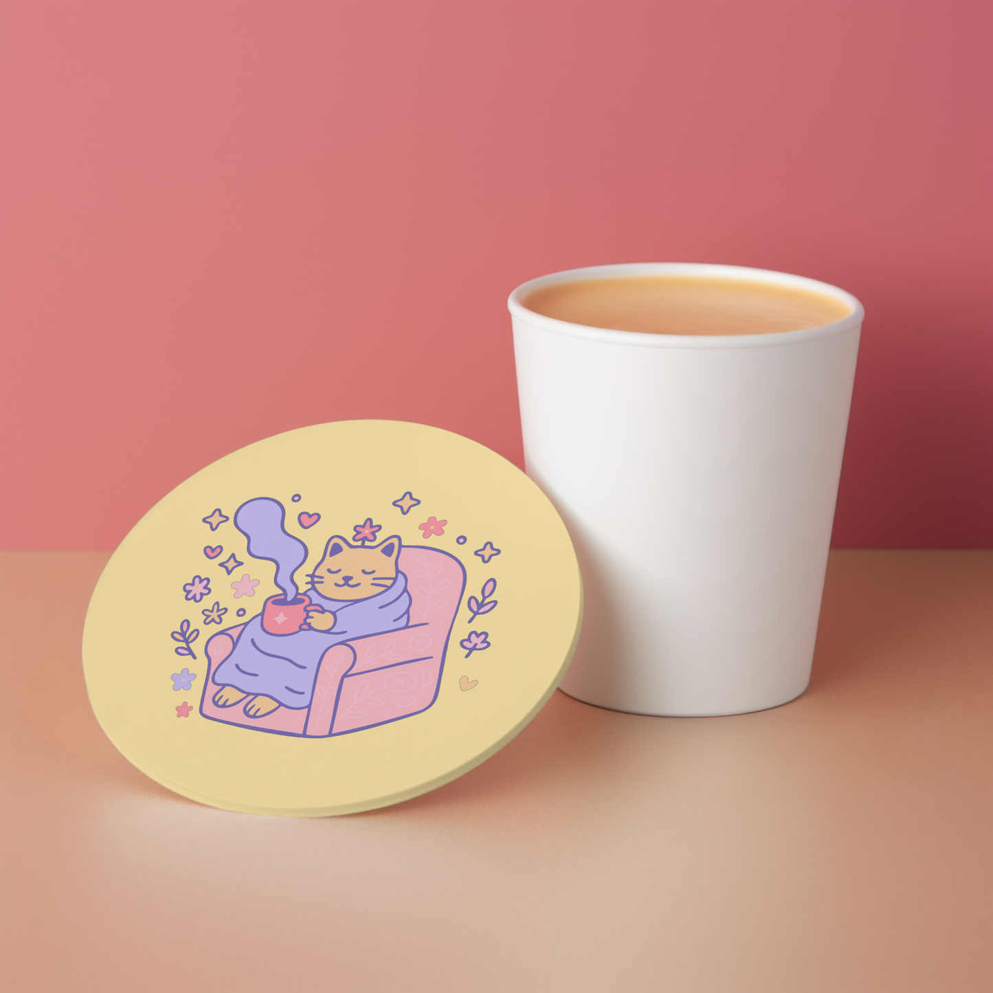 Cozy Cat with Coffee | Dreamy Printable PNG & SVG Illustration