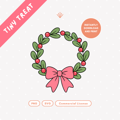 Christmas Wreath with Pink Bow PNG & SVG