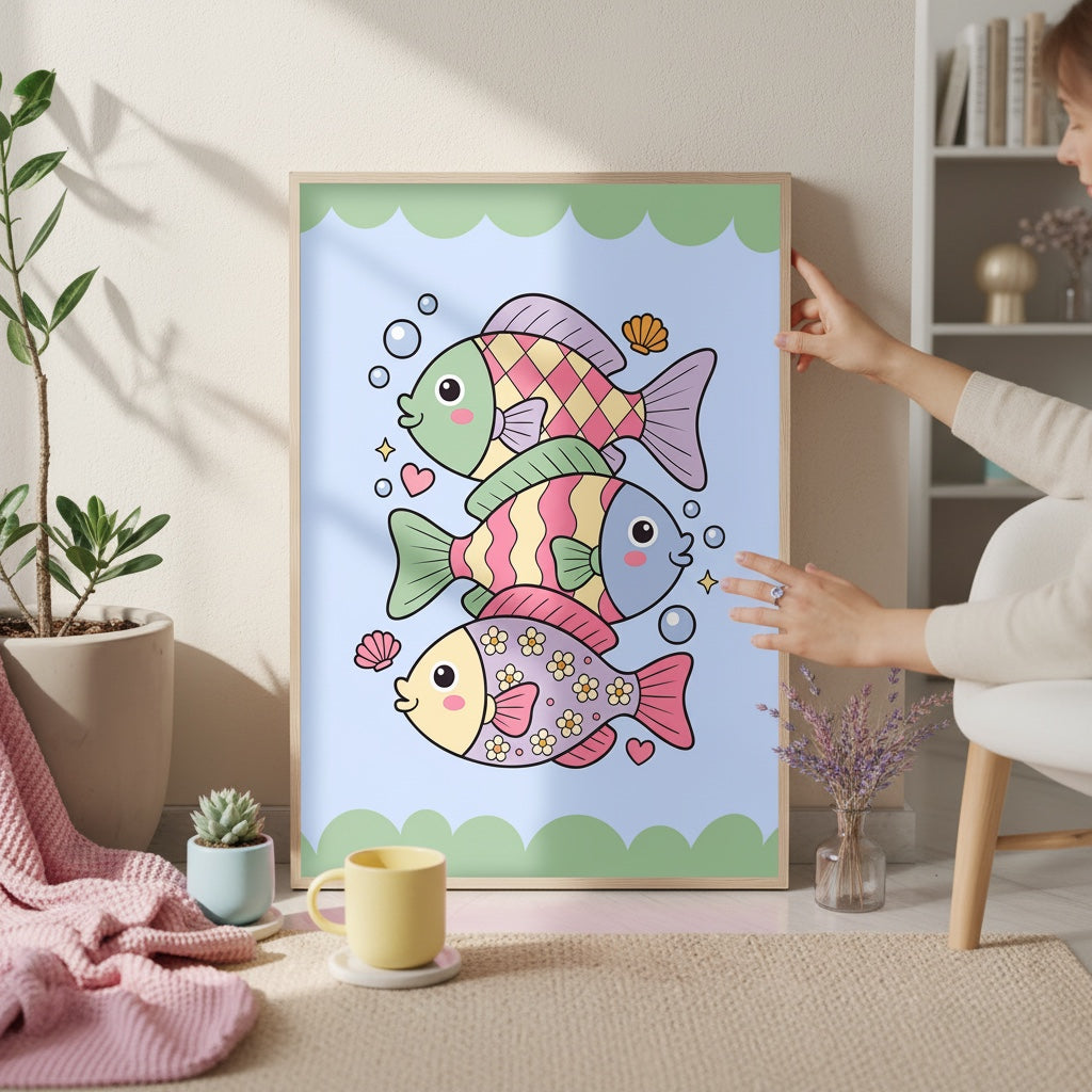 A framed pastel art print featuring three cartoon fish in pink, green, blue, and yellow tones, leaning against a wall in a styled room with a person's hands holding the frame.