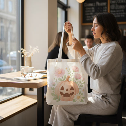 Woman holding tote bag with pumpkin and flower artwork – fall printable PNG design for DIY projects.
