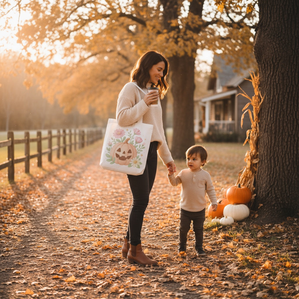 Mom with child carrying tote bag decorated with pastel pumpkin artwork – autumn printable design.