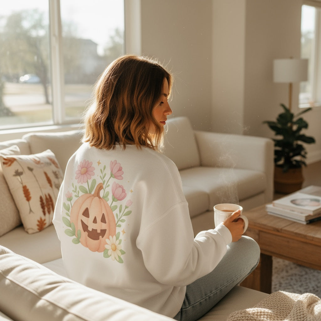 Woman at home in cozy setting wearing sweatshirt with pastel pumpkin floral illustration – printable Halloween PNG art.