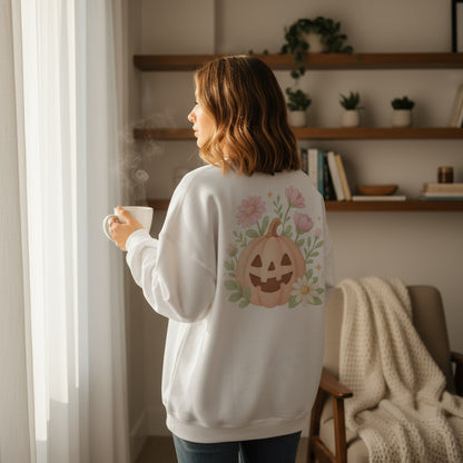 Cozy fall outfit with sweatshirt featuring pastel pumpkin design – printable Halloween PNG for apparel.