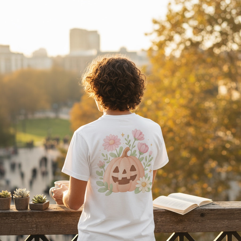Man outdoors wearing t-shirt with floral pumpkin Halloween design – sublimation PNG for fall fashion.