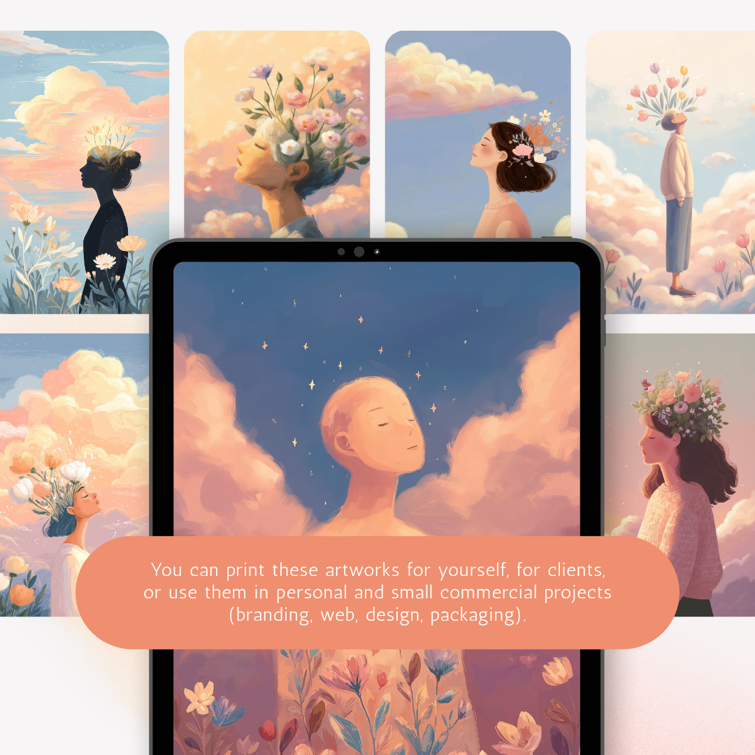 Dreamy A4 illustrations by RubiBloom shown on tablet, floral silhouette art for posters, websites and small commercial projects, printable 300 DPI pack, instant download.