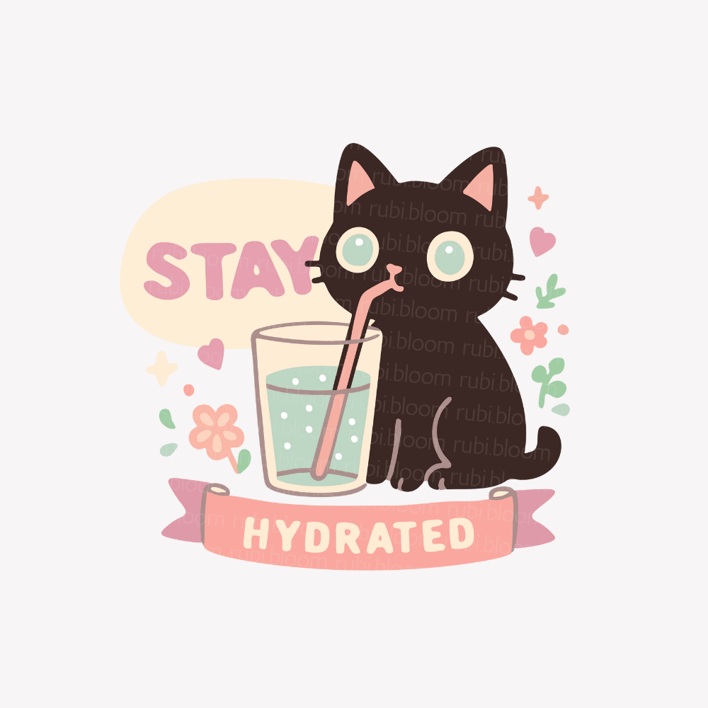 Stay Hydrated black cat with glass of water printable PNG, cute kawaii illustration for instant download, DIY crafts, and apparel design.