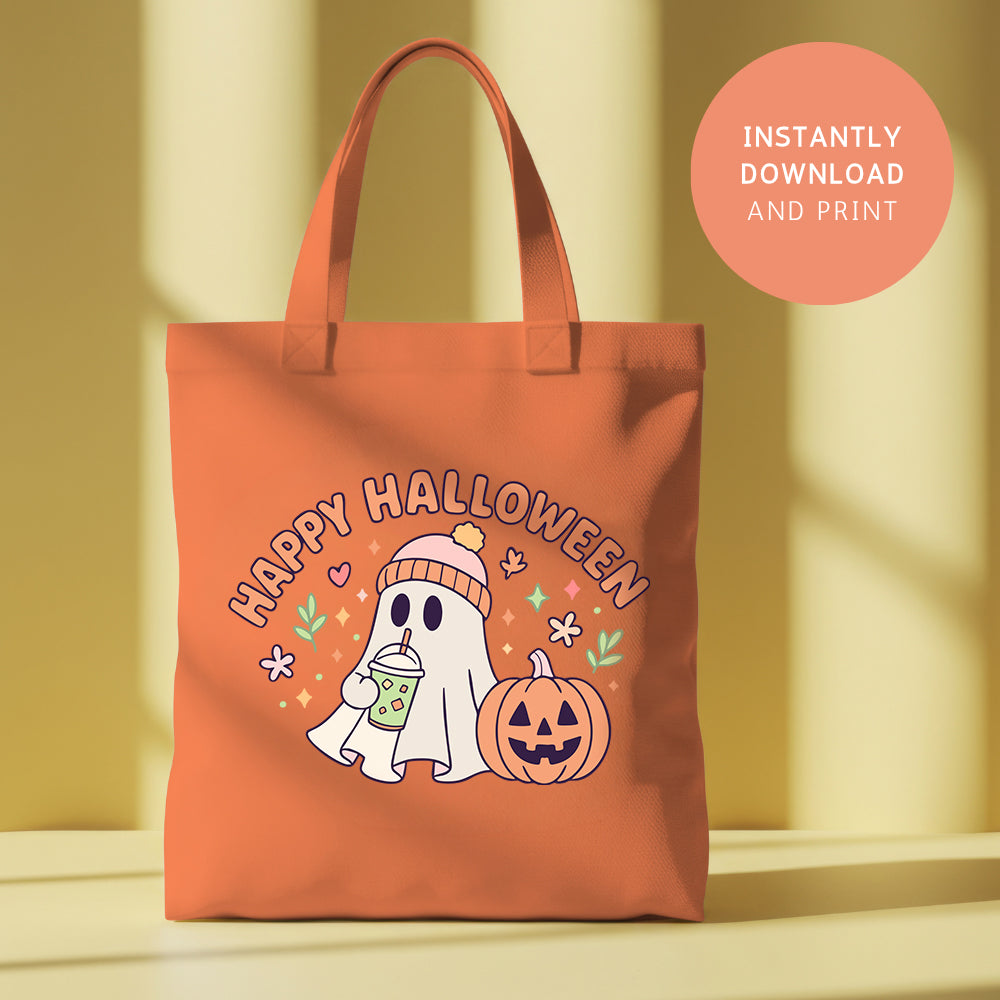 Happy Halloween, Cute Ghost Drinking Coffee PNG SVG Design