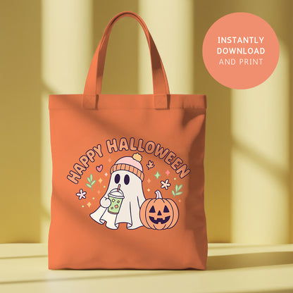 Happy Halloween, Cute Ghost Drinking Coffee PNG SVG Design