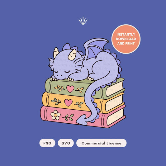 Cute Sleepy Dragon on Books PNG SVG