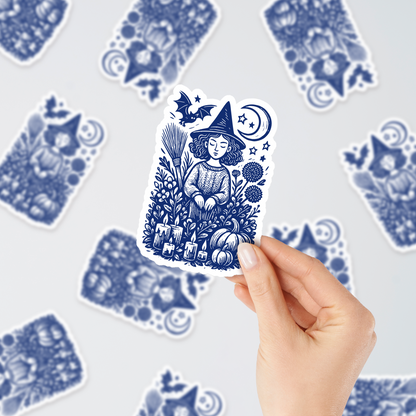 Halloween witch sticker – 3x4 inch printable design with moon, pumpkins, and candles. Perfect spooky season decal for laptops, journals, or DIY crafts.