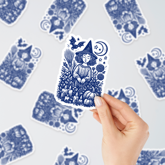 Halloween witch sticker – 3x4 inch printable design with moon, pumpkins, and candles. Perfect spooky season decal for laptops, journals, or DIY crafts.