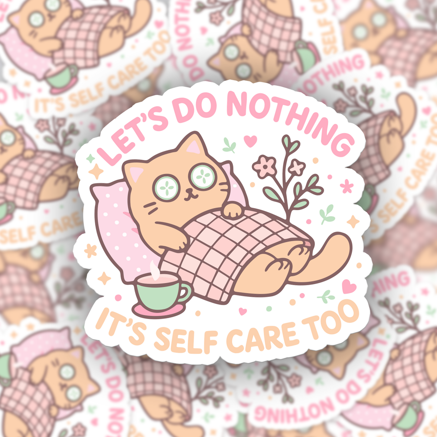 Seamless pattern of “Let’s Do Nothing, It’s Self Care Too” cat stickers by RubiBloom — pastel vinyl art with cozy cat, blanket, and coffee, ideal for planners, laptops, or gift wrapping.
