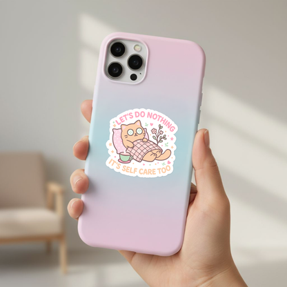 RubiBloom pastel cat sticker on pink phone case — cute self care quote design, perfect aesthetic accessory or thoughtful small gift for friends who love cozy vibes.