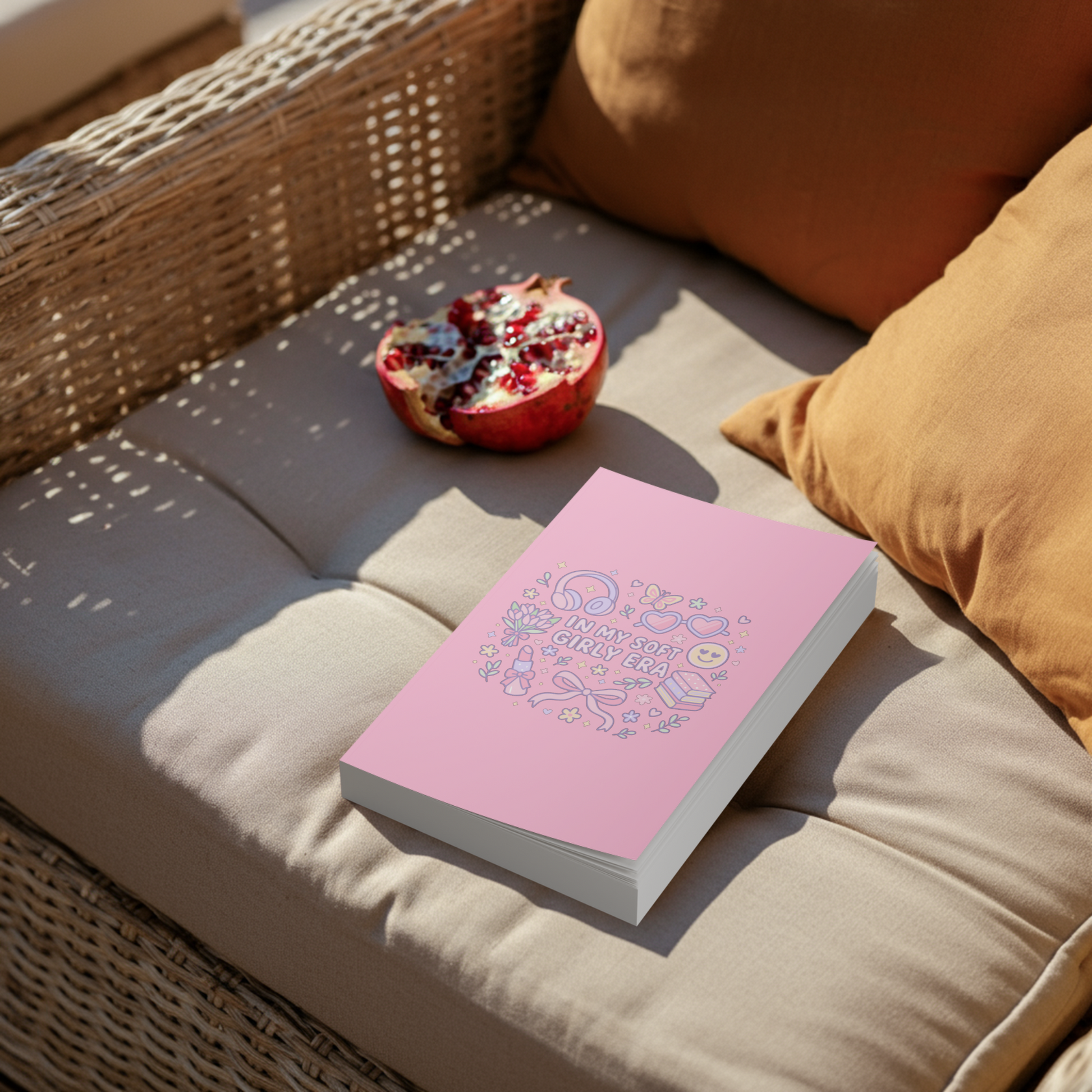Pastel pink notebook with “In My Soft Girly Era” printed on the cover, placed on a cozy seat with warm light. Example of printable PNG used for journals, planners, and stationery decoration in soft aesthetic style.
