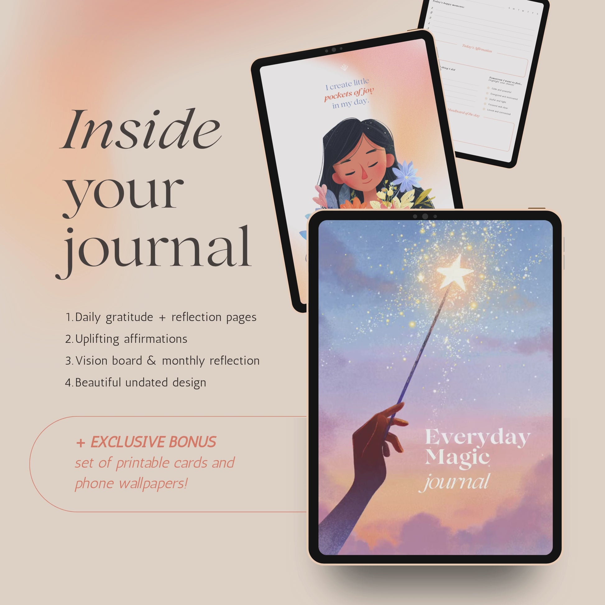 Printable and digital Mindful Journal with 30 undated daily pages for affirmations, gratitude, and reflection. A gentle self-care tool in dreamy colors, inspiring positivity and calm. Use it to track happy moments, set intentions, and focus on what matters most. Perfect for slow mornings, journaling, and mindful routines.