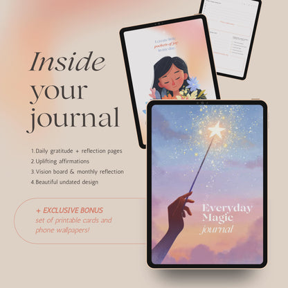 Printable and digital Mindful Journal with 30 undated daily pages for affirmations, gratitude, and reflection. A gentle self-care tool in dreamy colors, inspiring positivity and calm. Use it to track happy moments, set intentions, and focus on what matters most. Perfect for slow mornings, journaling, and mindful routines.