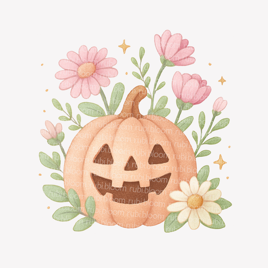 Cute pastel pumpkin illustration with flowers – cozy Halloween printable PNG design.