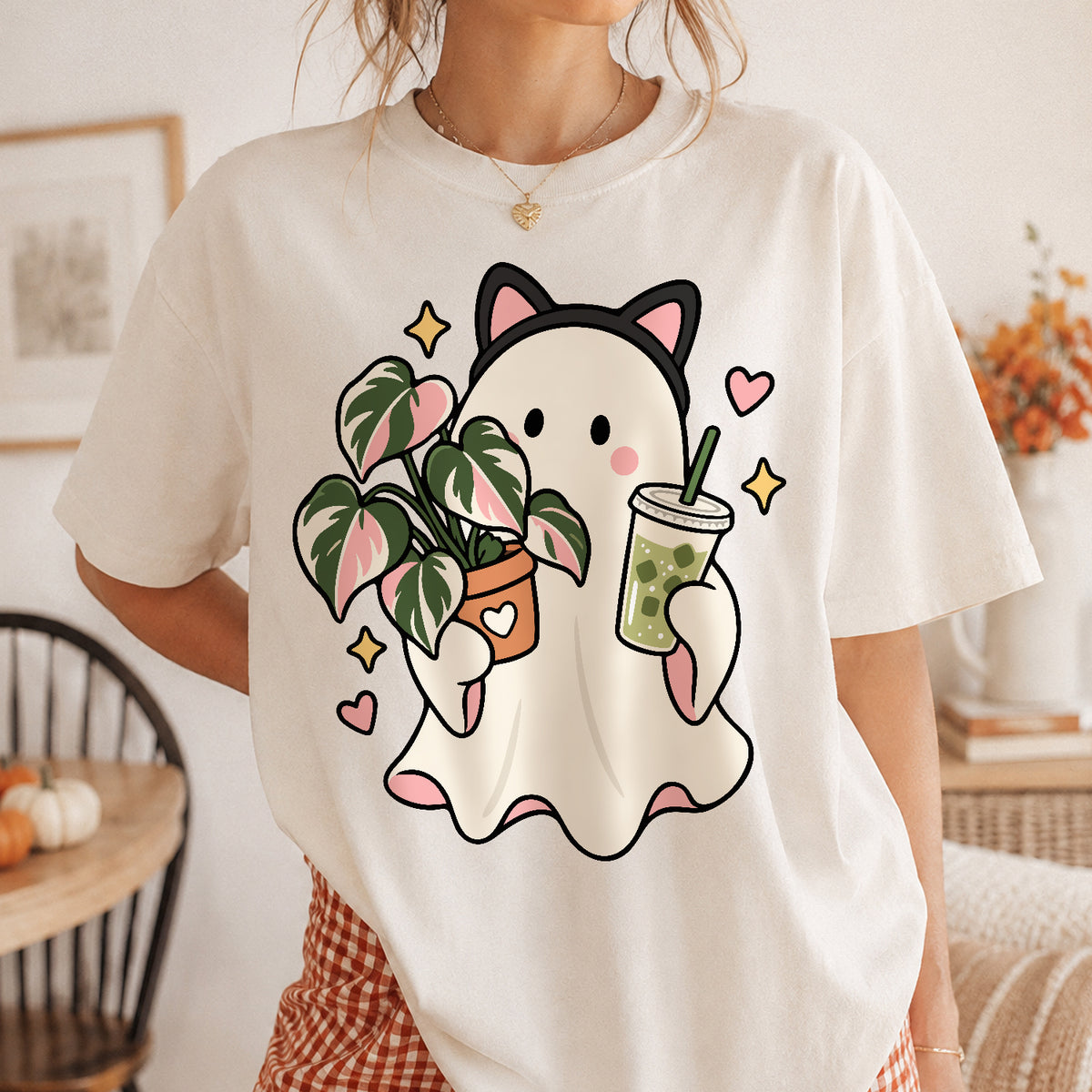 Kitty Ghost with Iced Matcha & Philodendron PNG SVG
