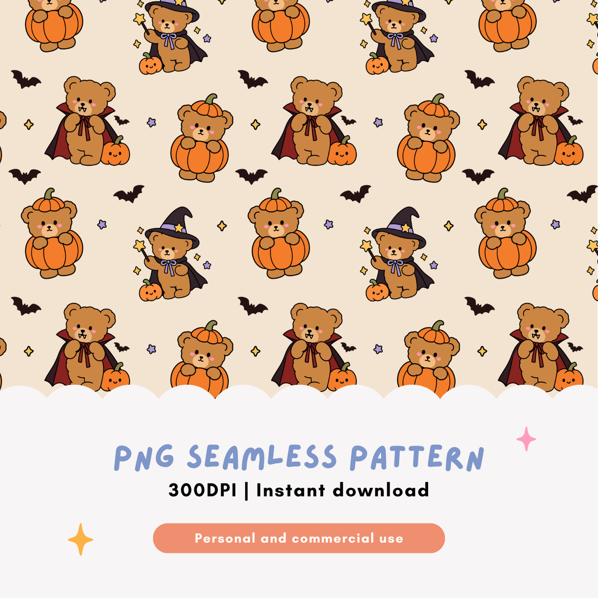 Halloween Teddy Bears Seamless Pattern PNG