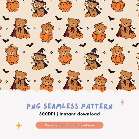 Halloween Teddy Bears Seamless Pattern PNG