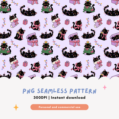 Pink Catmas Club Seamless Pattern PNG