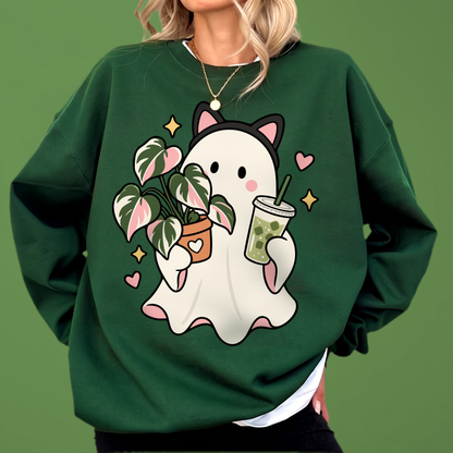 Kitty Ghost with Iced Matcha & Philodendron PNG SVG