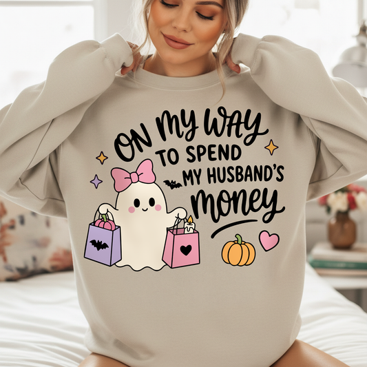 Shopping Ghost "On My Way to Spend My Husband's Money" PNG SVG